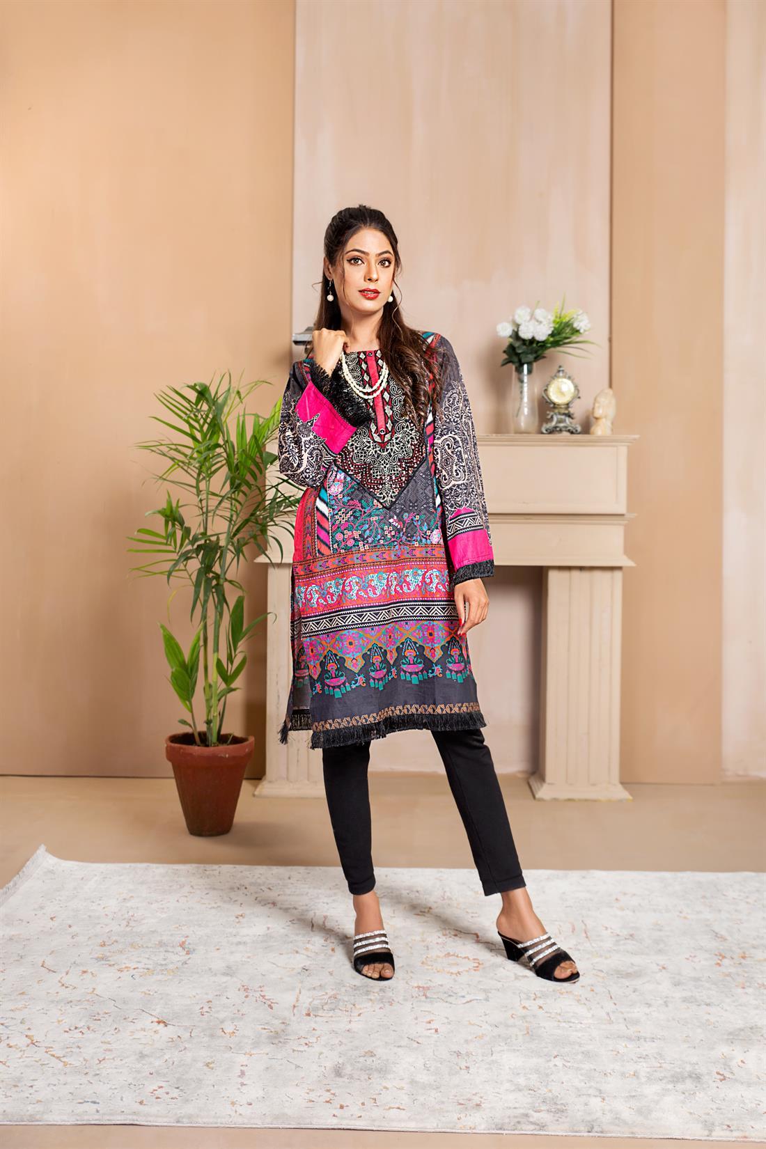 Black & Pink Printed Kurta with Thread and Sequence Embroidery