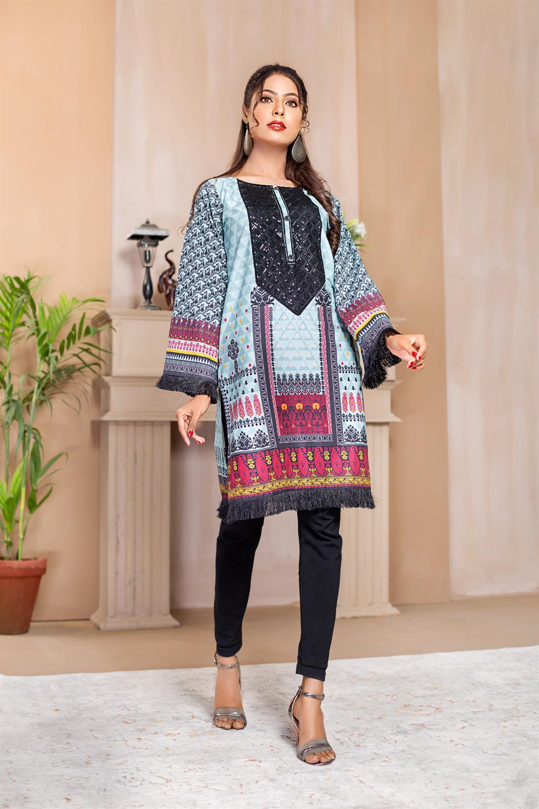 Mint Blue & Black Printed Kurta with Thread and Sequence Embroidery Work
