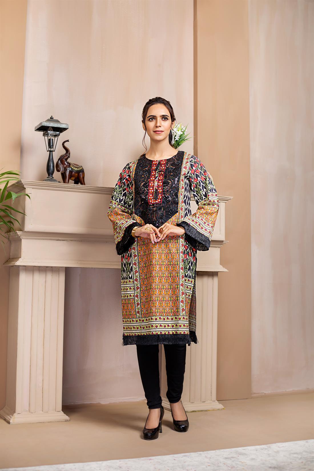 Black & Orange Printed Kurta with Thread, Tilla and Sequence Embroidery