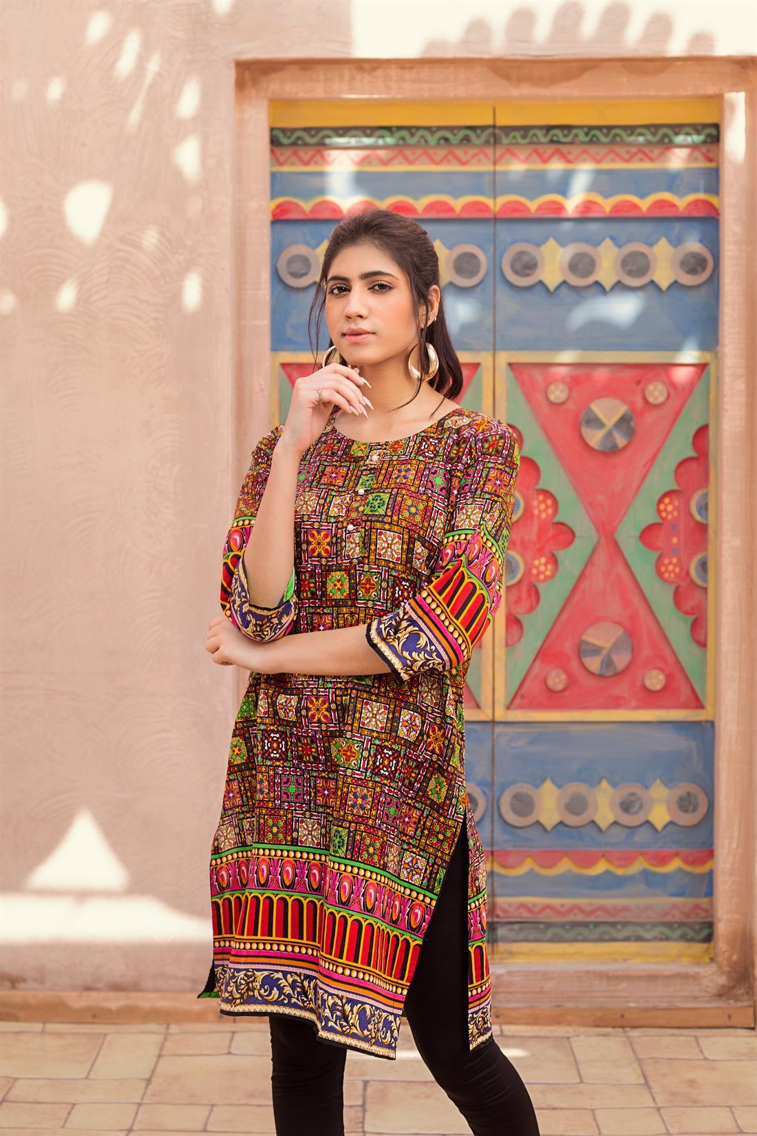 Multicolour Traditional Printed Kurta with Pearl Button.