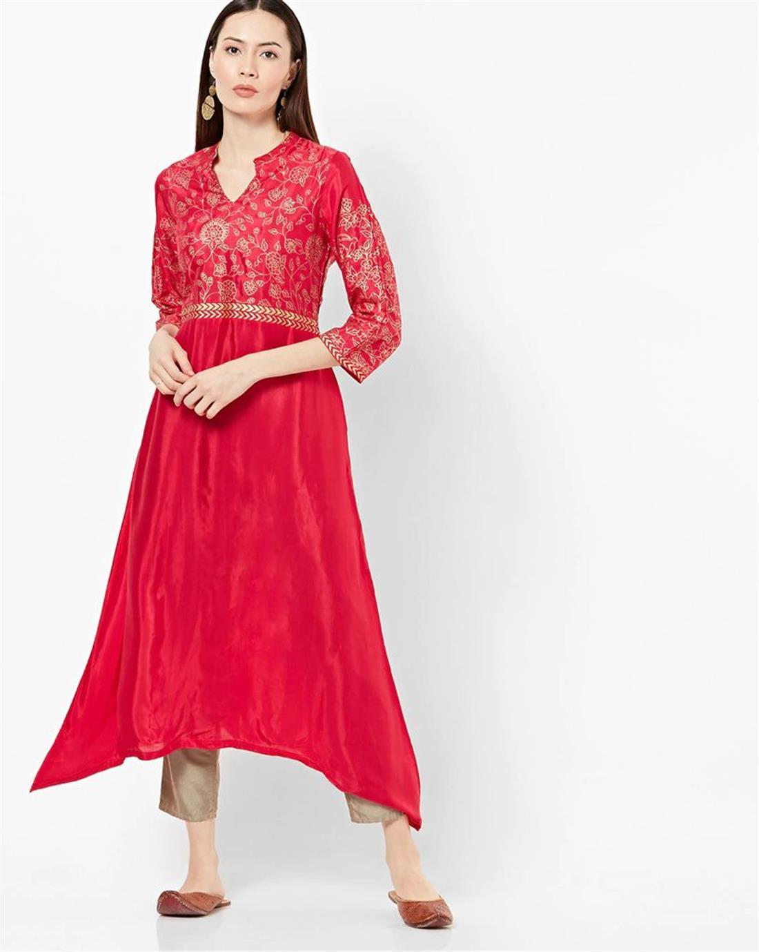 Pink Floral Print A-line Silk Kurta with Dipped Hem