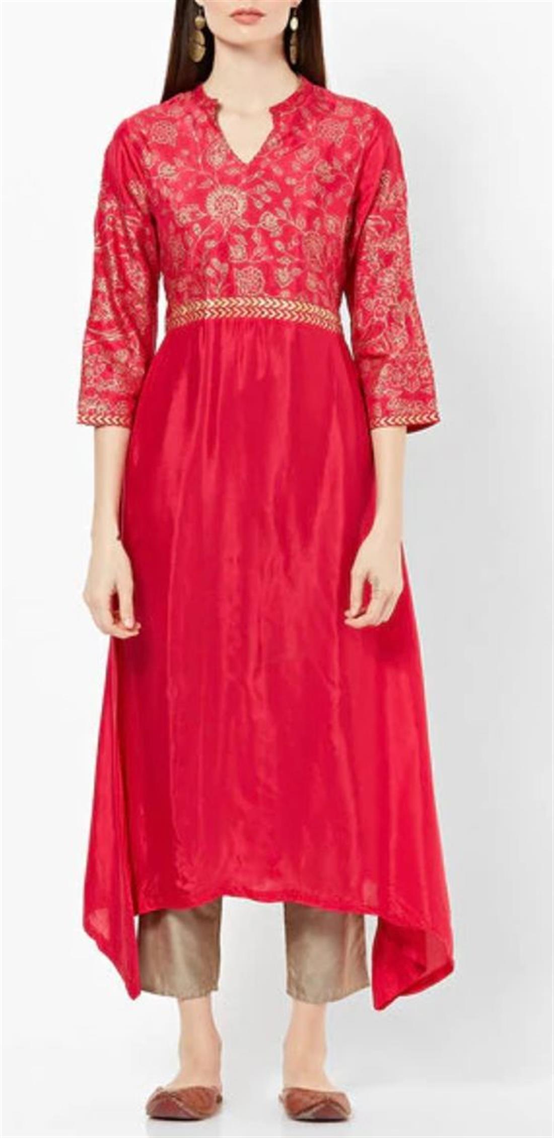 Pink Floral Print A-line Silk Kurta with Dipped Hem