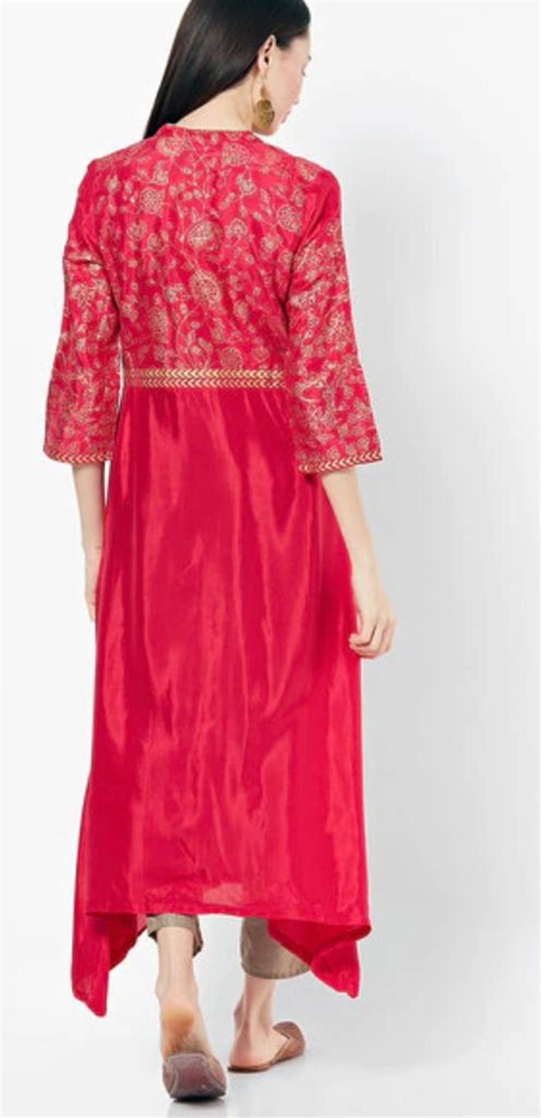Pink Floral Print A-line Silk Kurta with Dipped Hem