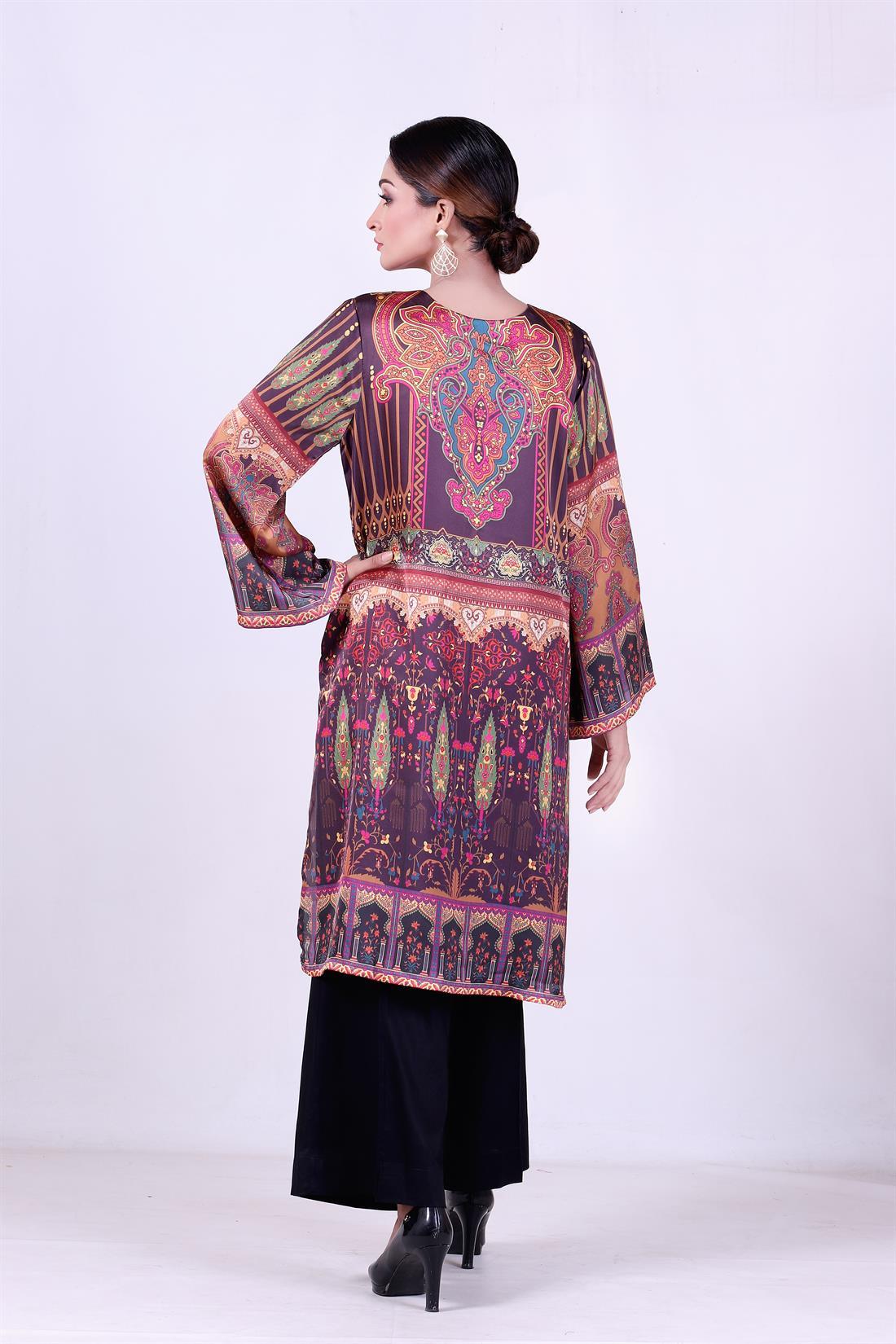 Brown Shamooz Silk Digital Printed Kurta with Embellishment.