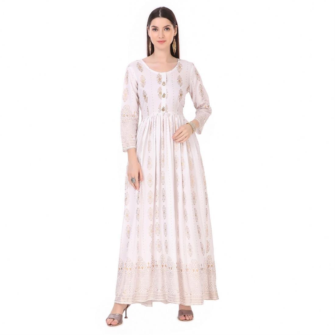White Women Polka Print Rayon Flared Kurta