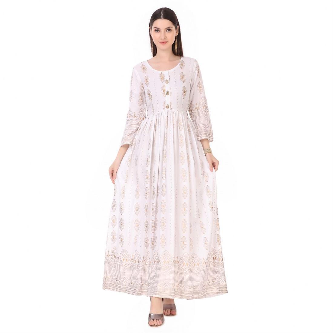 White Women Polka Print Rayon Flared Kurta