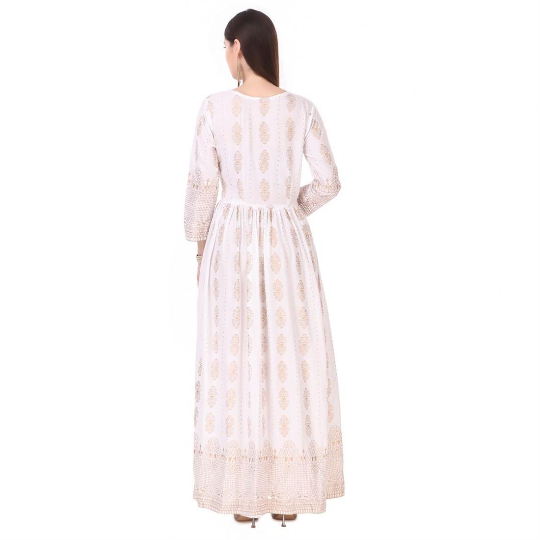 White Women Polka Print Rayon Flared Kurta