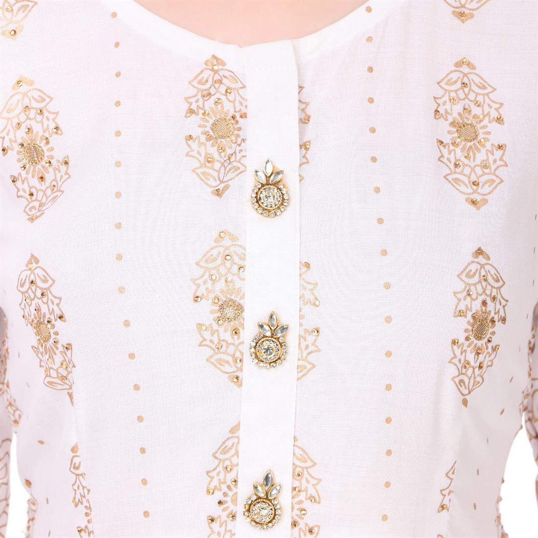 White Women Polka Print Rayon Flared Kurta