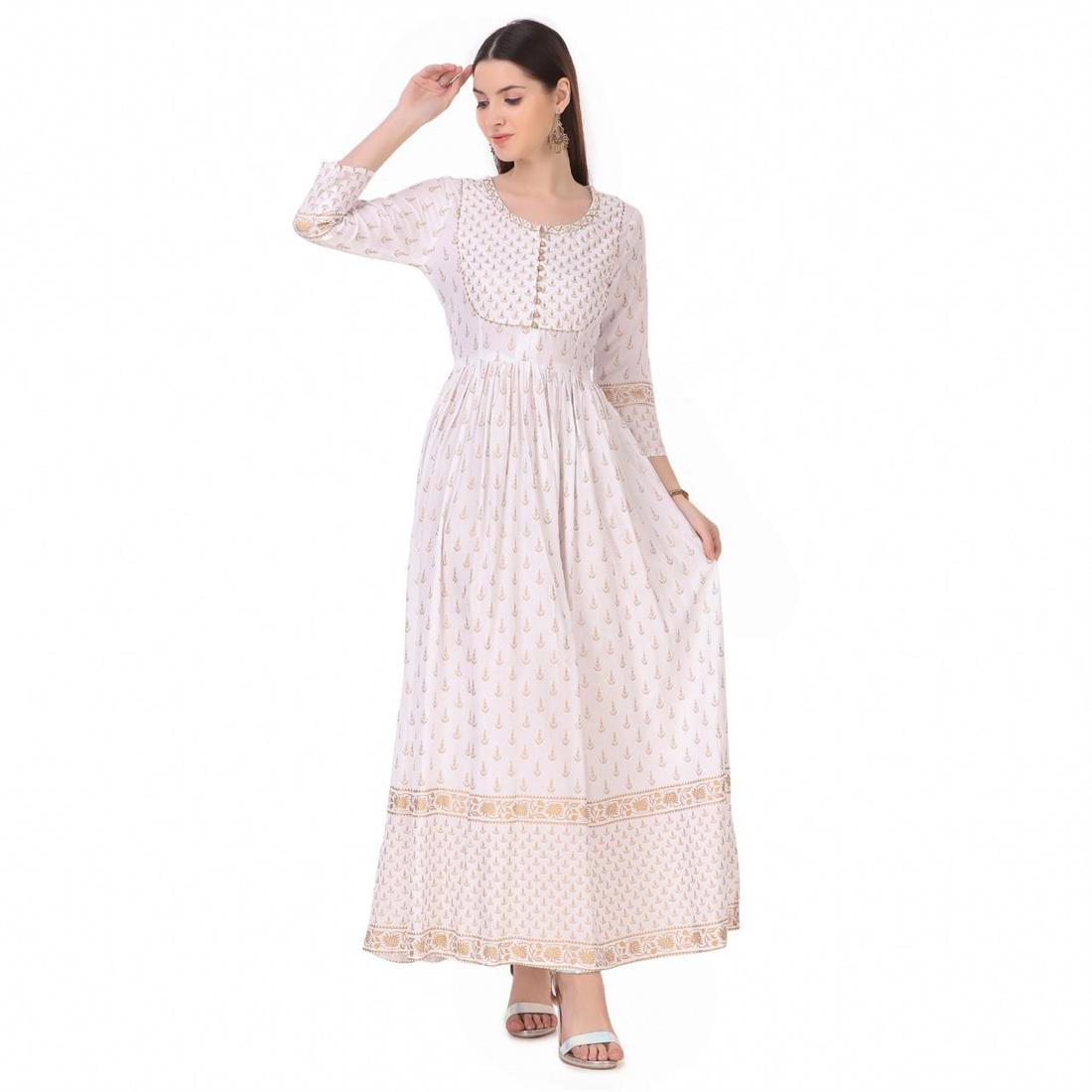 Off White 1 PC Women Polka Print Rayon Flared Kurta