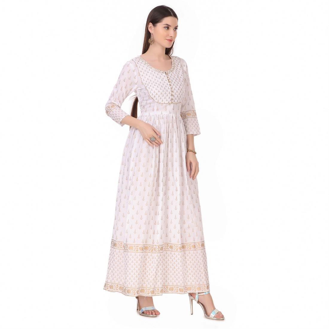 Off White 1 PC Women Polka Print Rayon Flared Kurta
