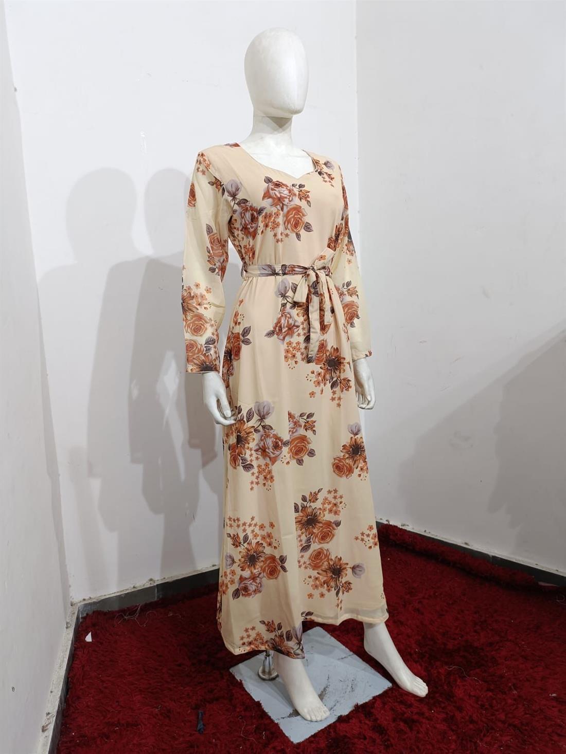 Cream & Multicolour Chiffon Printed Maxi Dress with Belt at the Back.
