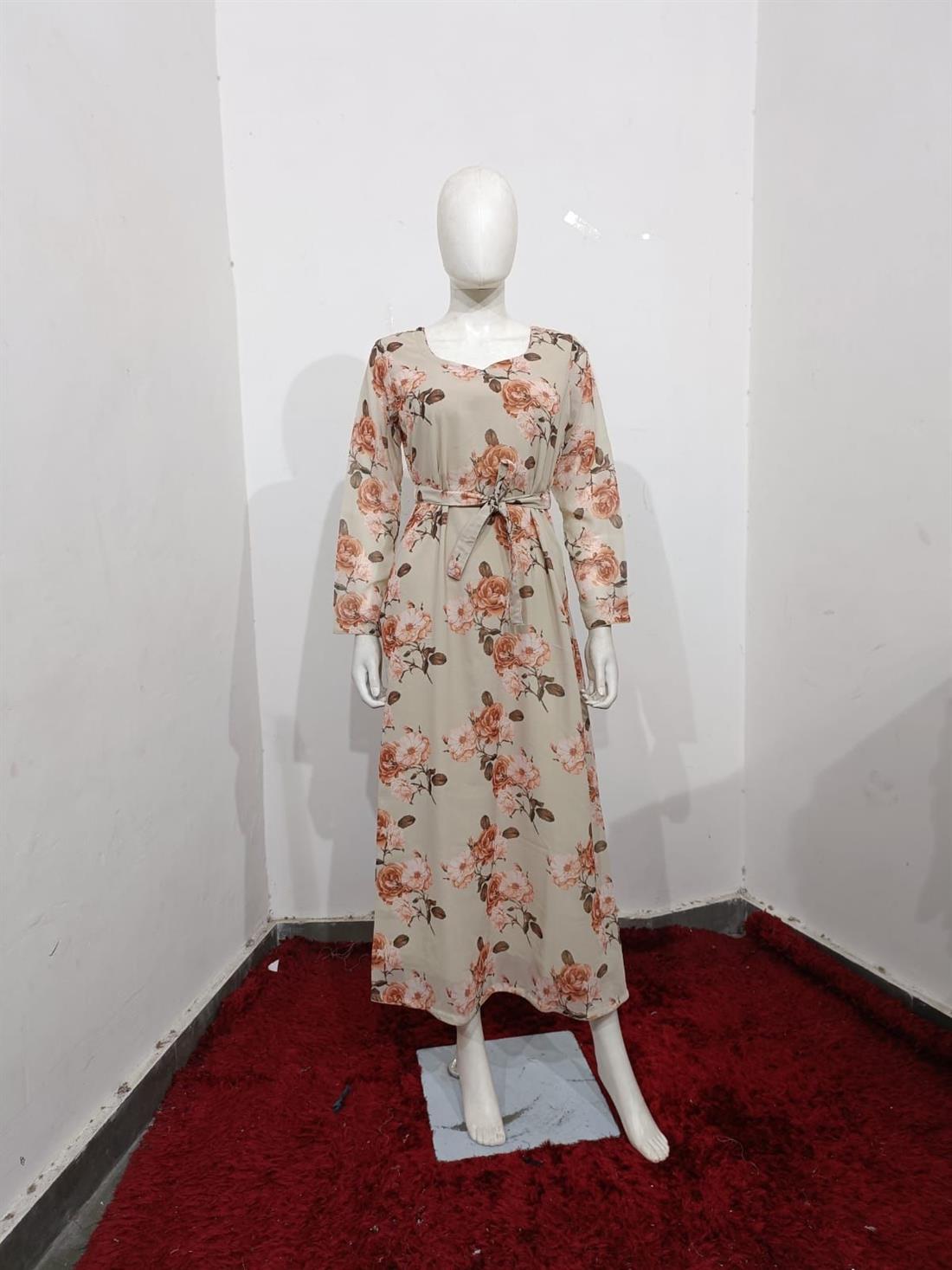 Beige & Peach Chiffon Printed Maxi Dress with Belt at the Back.