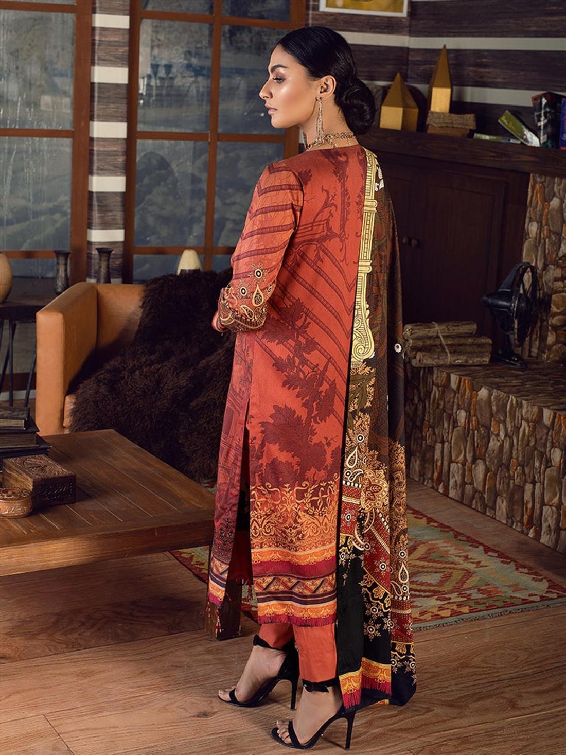 Burnt Orange Embroidered Linen Salitex Winter Collection