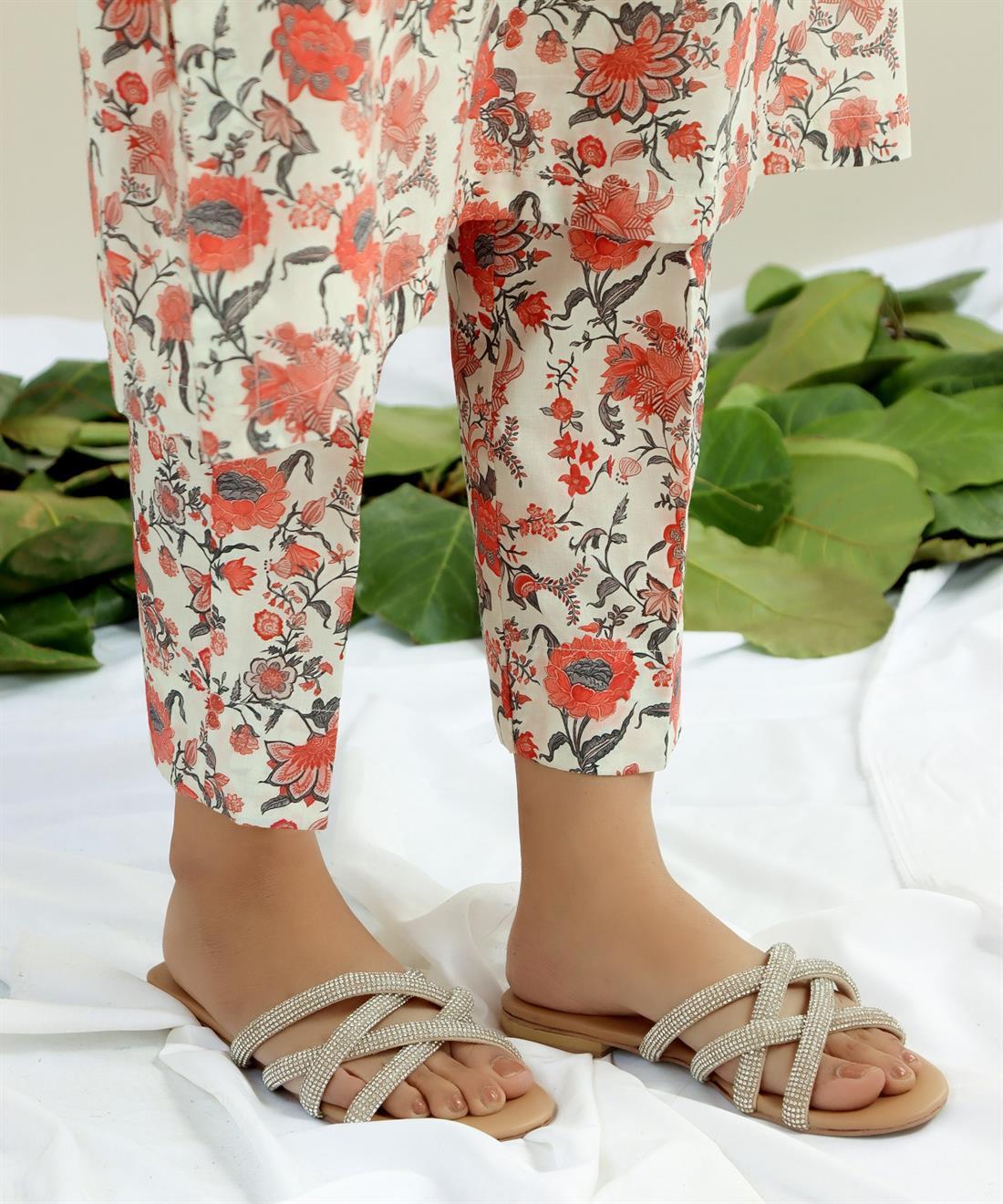 Cream & Orange Printed Lawn Ladies 2 Piece Suit