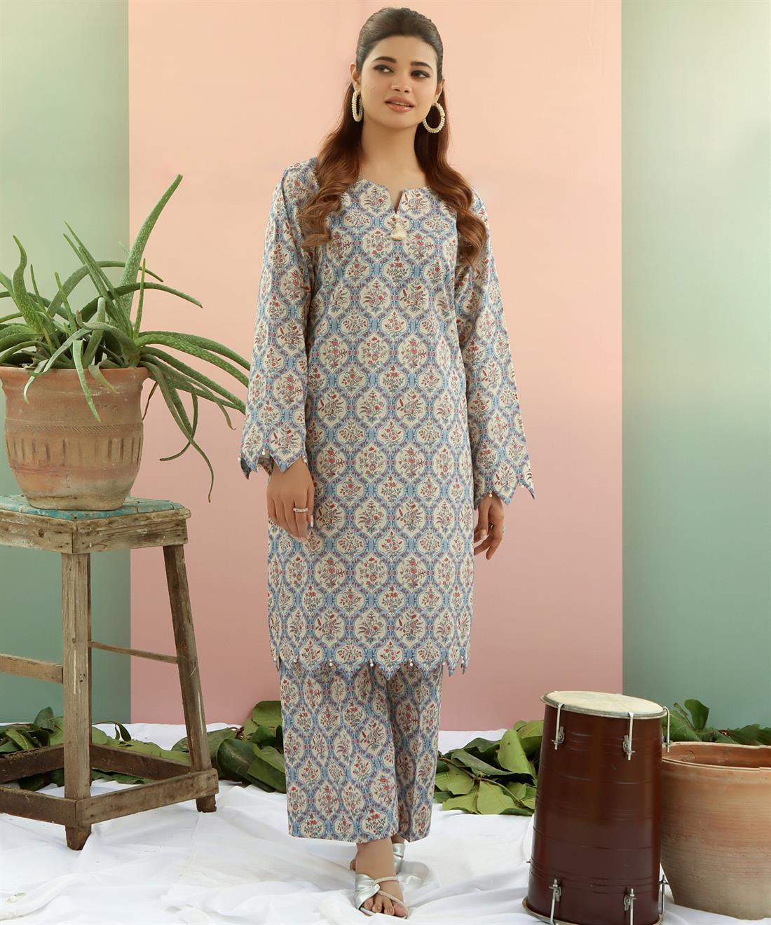 Blue & Red Printed Lawn Ladies 2 Piece Suit