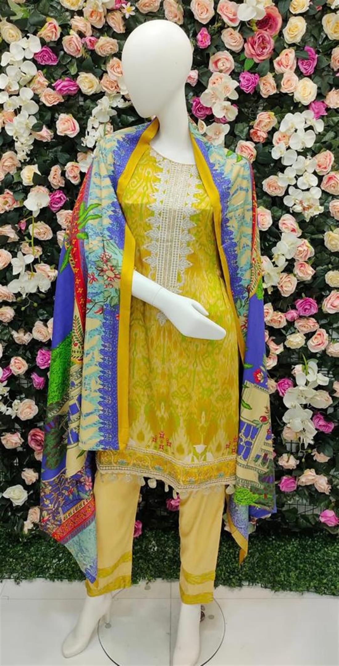 Yellow 3 Piece Embroidered Frock with DyedTrouser