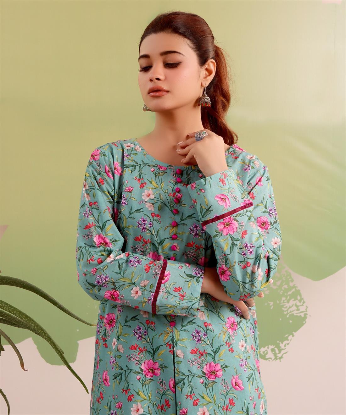 Mint & Multicolour Printed Lawn Ladies 2 Piece Suit