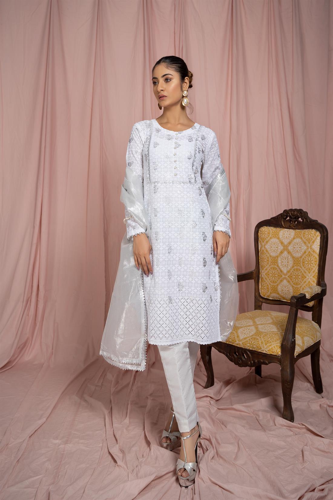 White Organza Embroidered Salwar Kameez with Dupatta