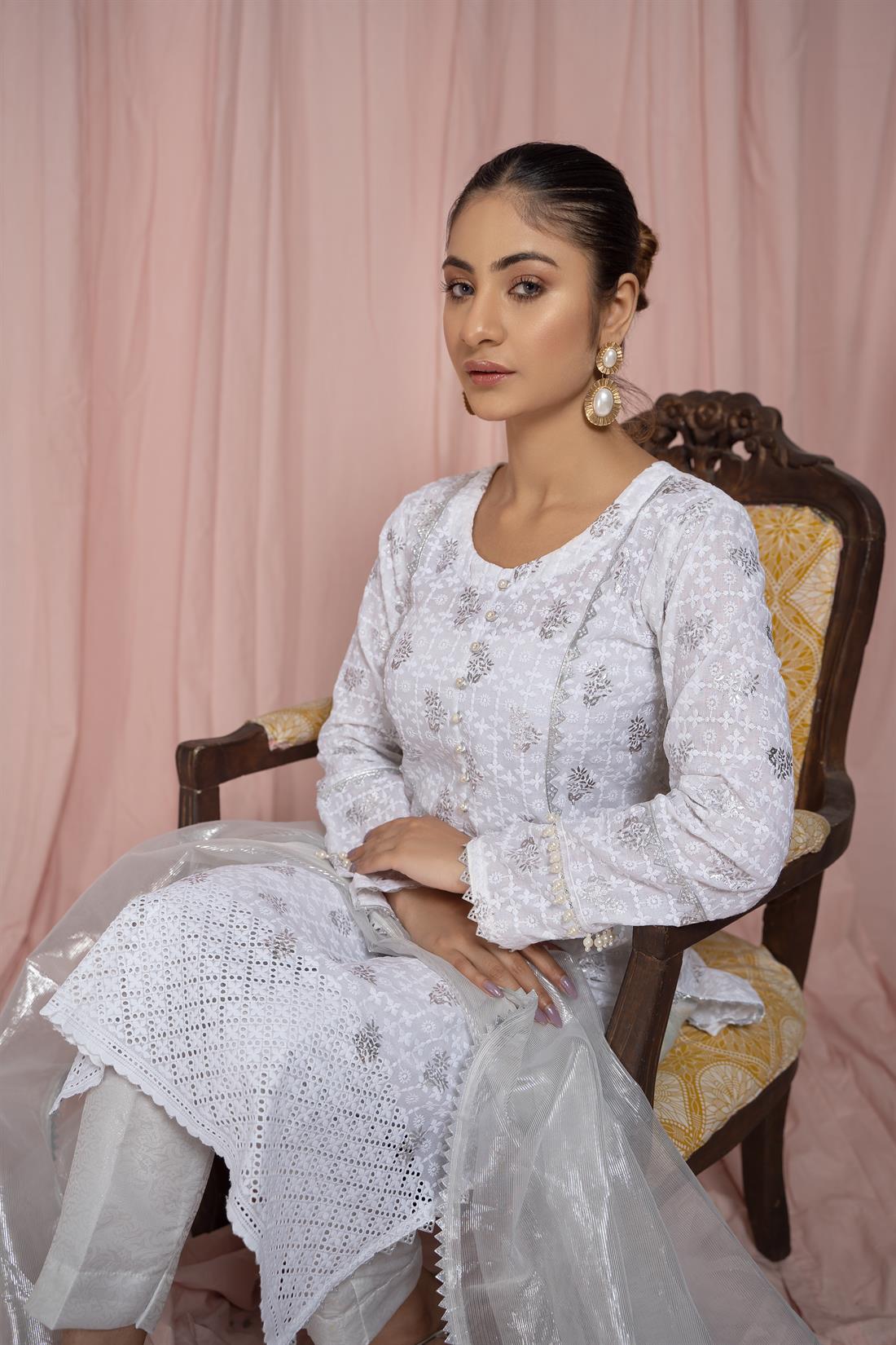 White Organza Embroidered Salwar Kameez with Dupatta