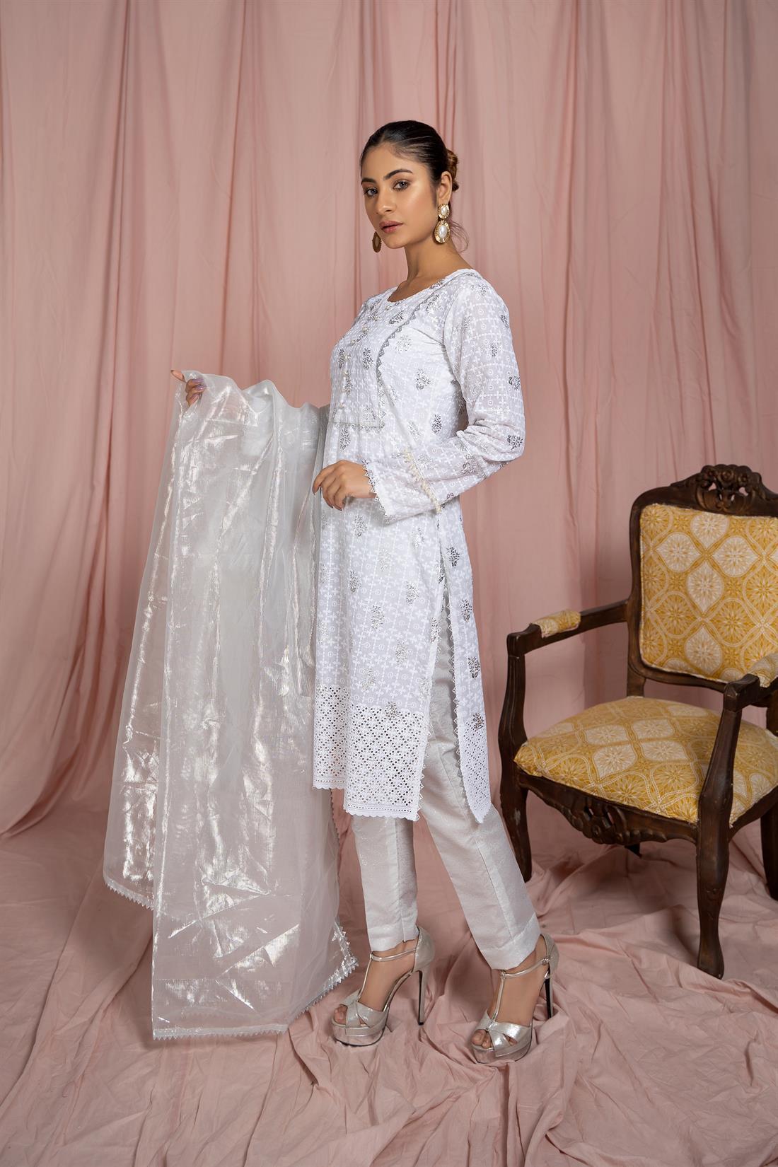 White Organza Embroidered Salwar Kameez with Dupatta