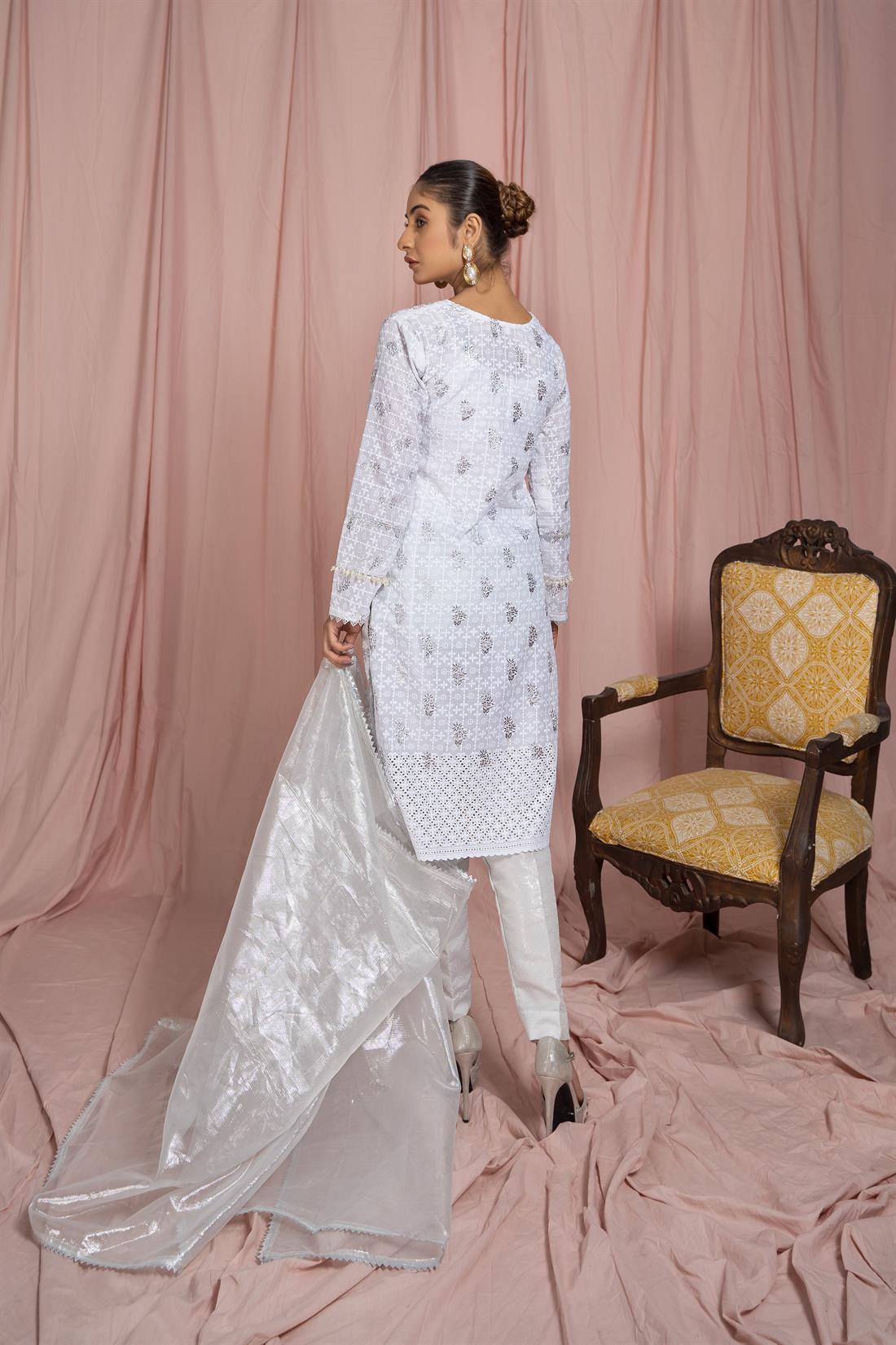 White Organza Embroidered Salwar Kameez with Dupatta
