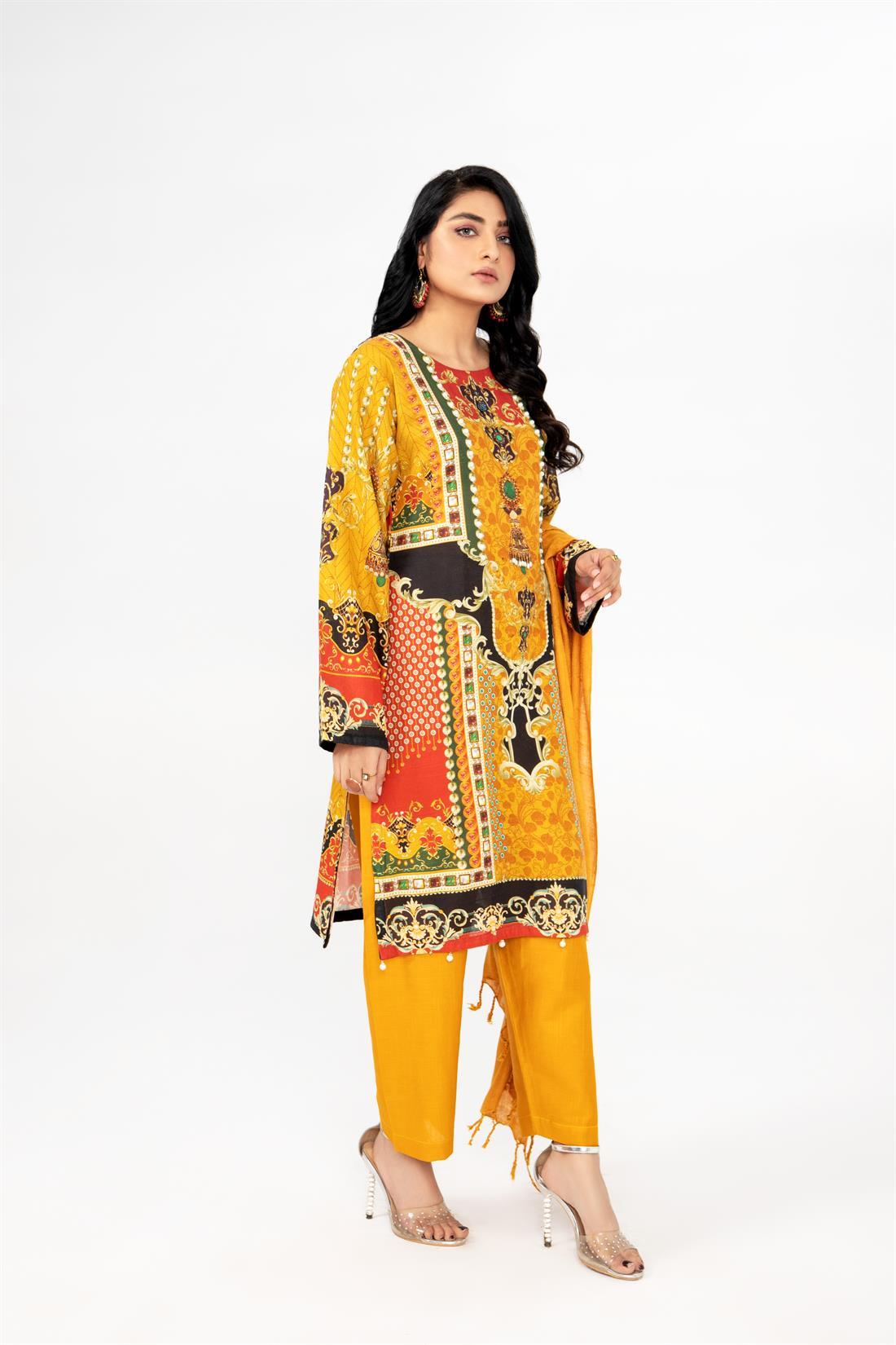 Mustard Printed Khadar 3-piece Readymade Suit