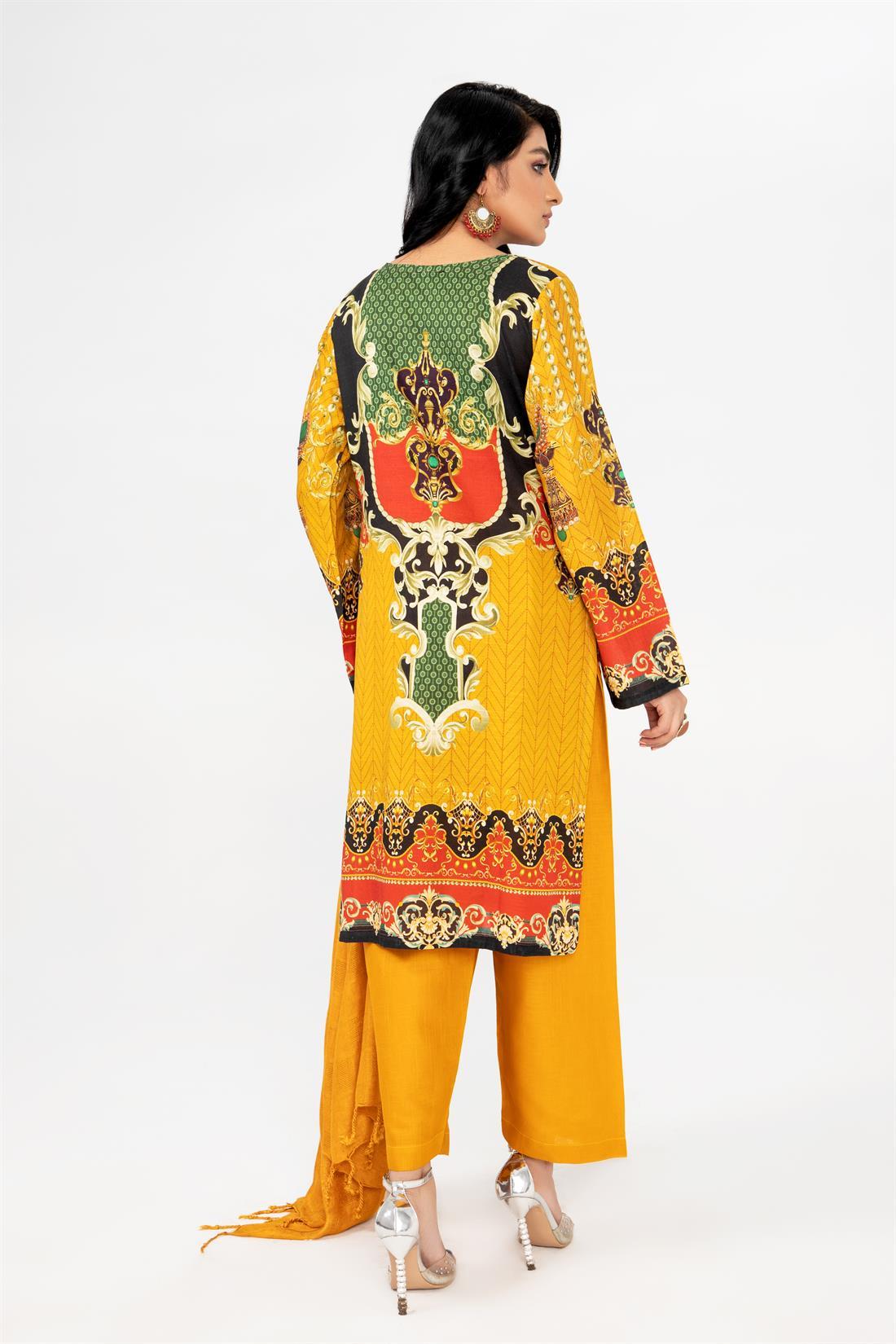 Mustard Printed Khadar 3-piece Readymade Suit