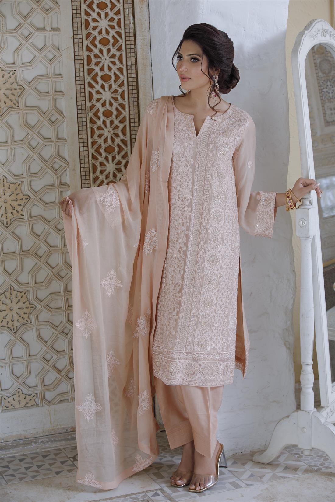 Peach Embroidered Chiffon 3 Piece Suit