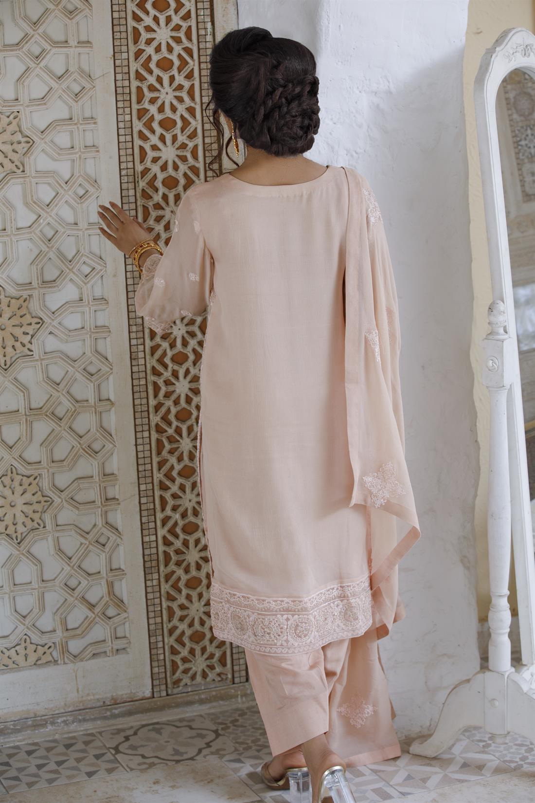 Peach Embroidered Chiffon 3 Piece Suit