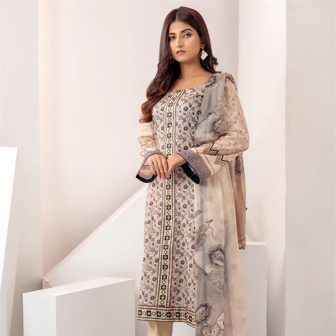 Cream Printed Shirt with Bamber Dupatta and Trouser.