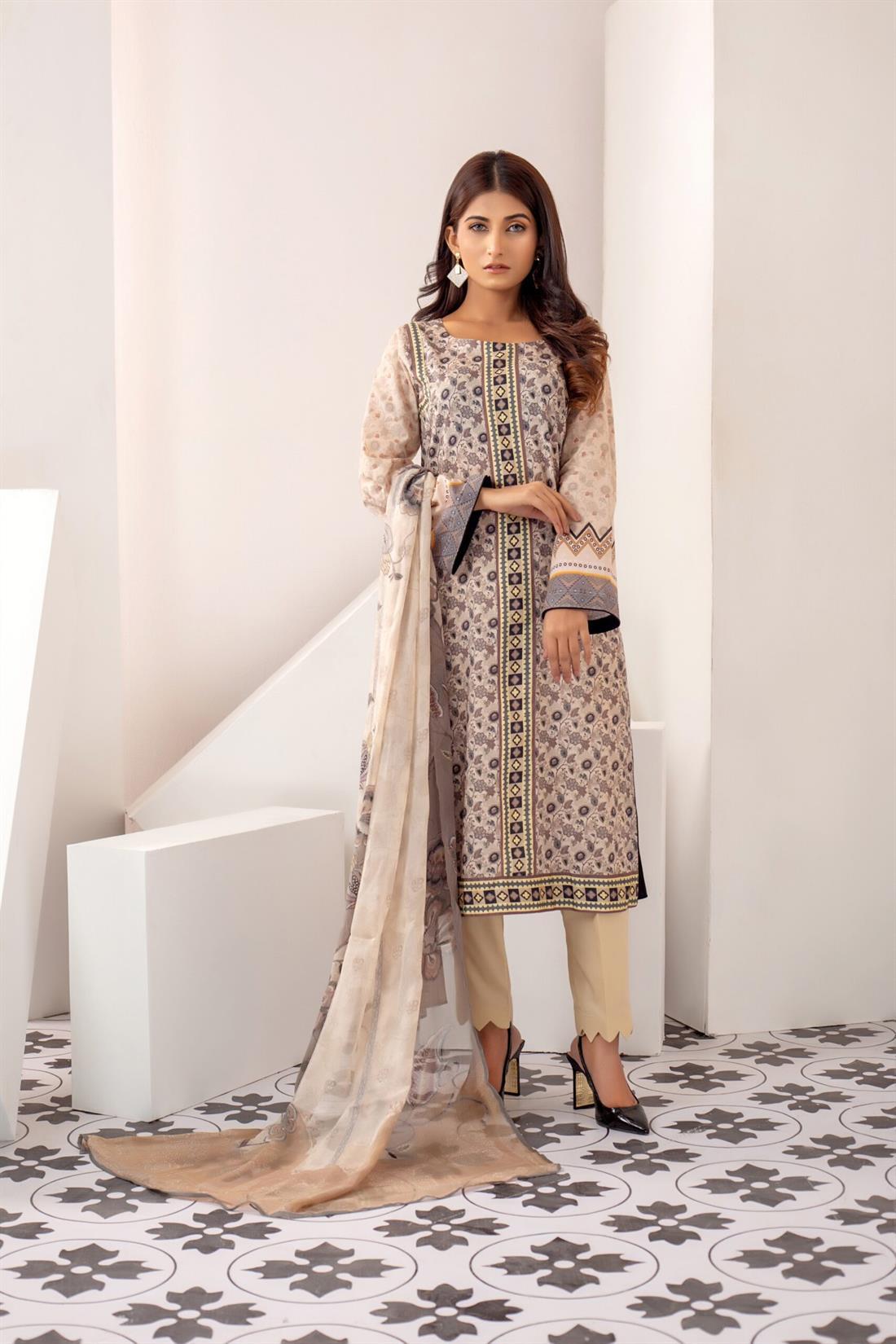Cream Printed Shirt with Bamber Dupatta and Trouser.