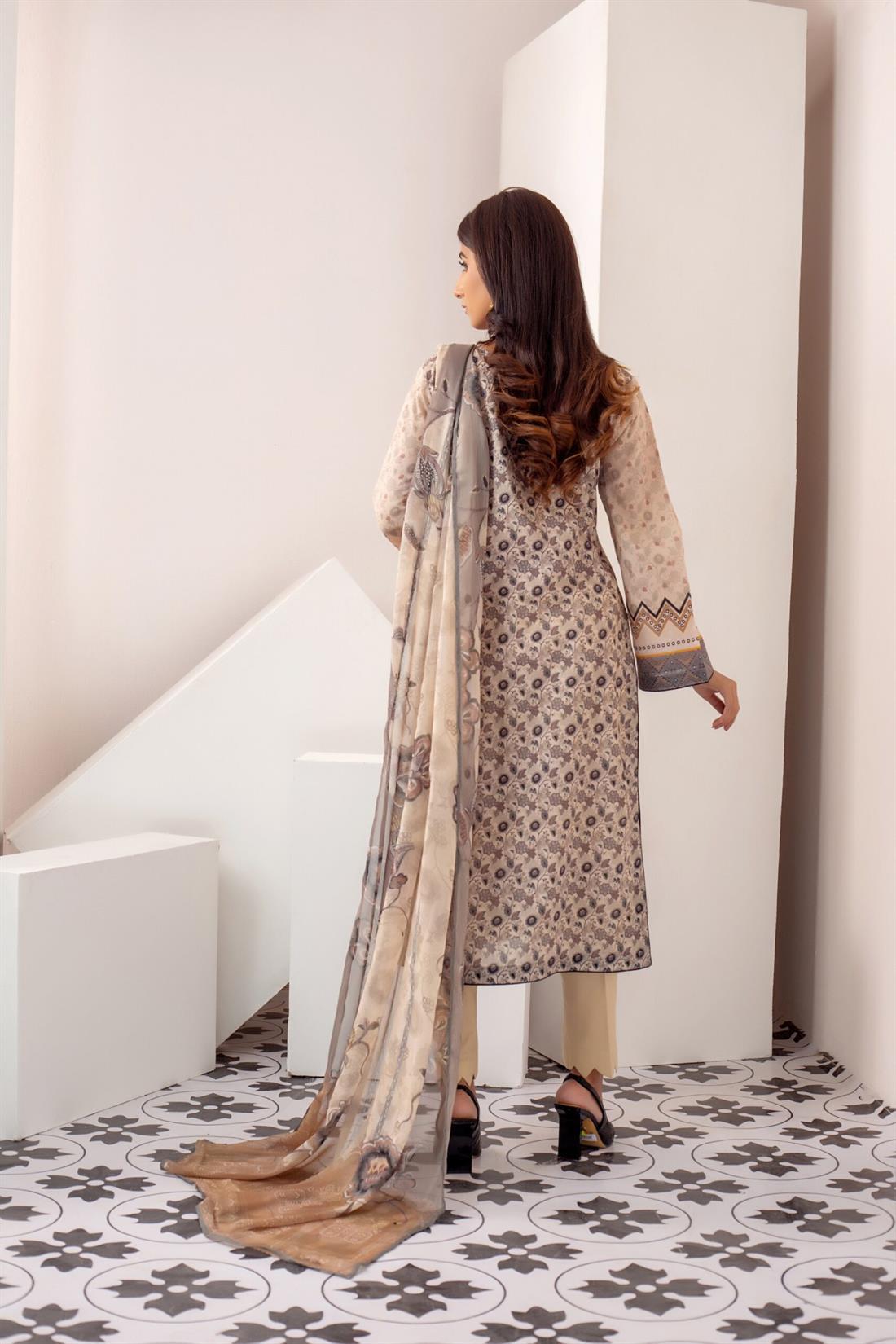 Cream Printed Shirt with Bamber Dupatta and Trouser.