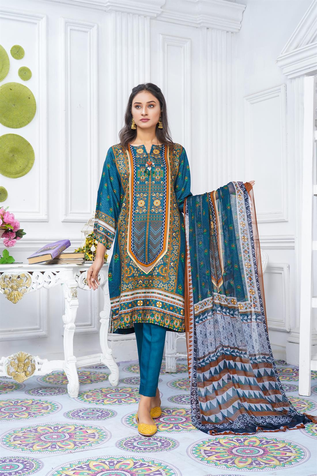 Teal Chiffon Digital Printed Salwar Kameez with Dupatta