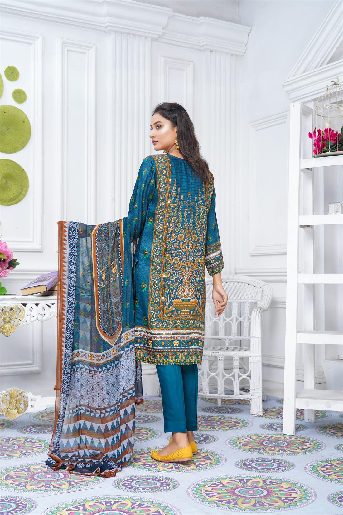 Teal Chiffon Digital Printed Salwar Kameez with Dupatta