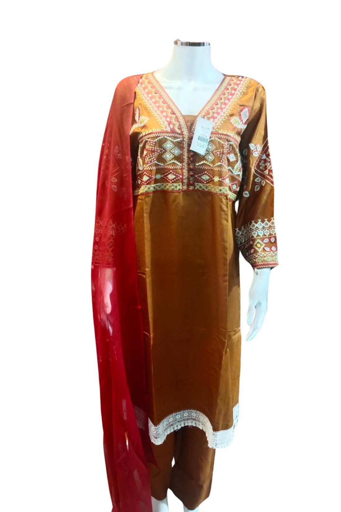 Mehndi Brown Ladies 3 Piece Suit