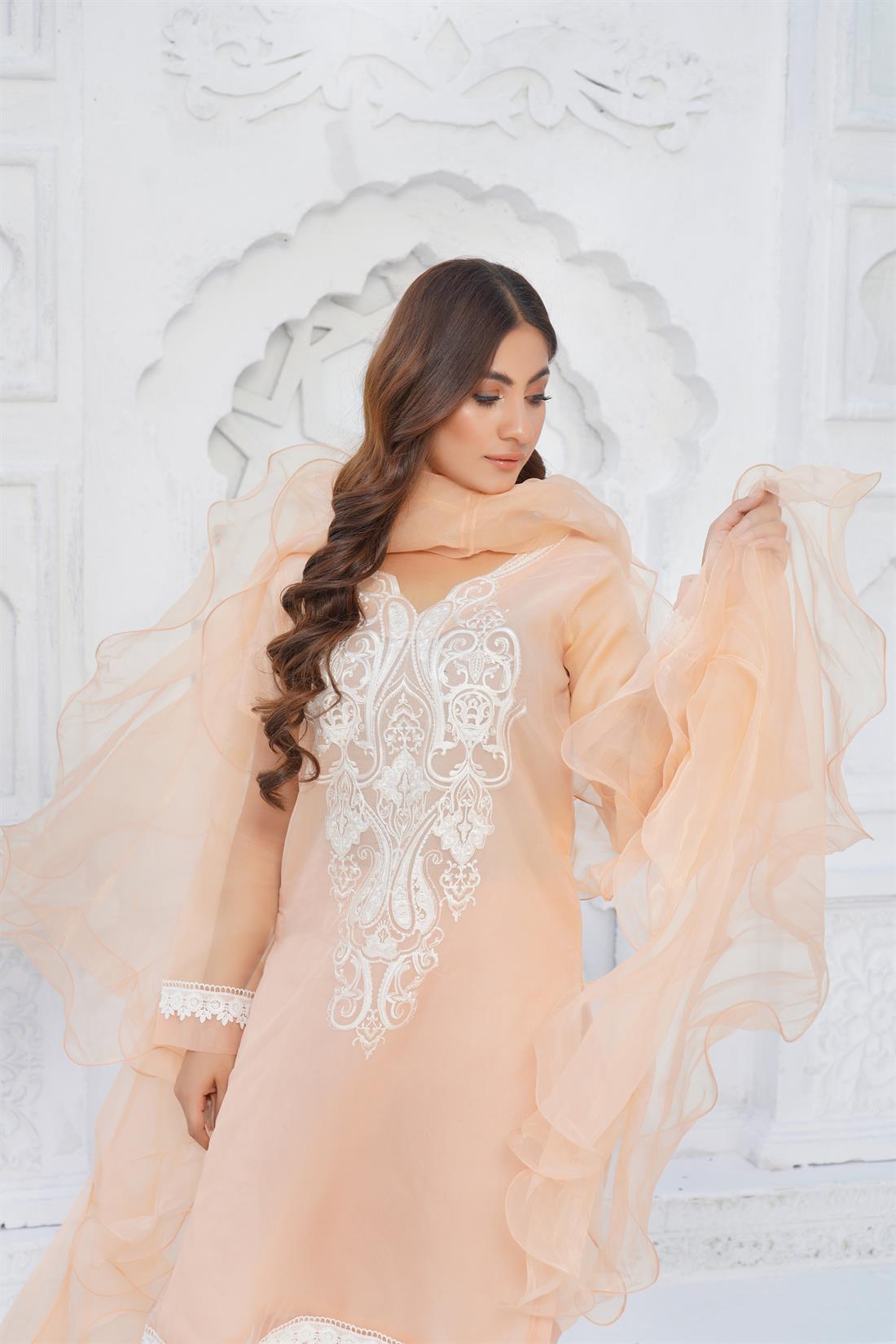 Peach Sequinned Organza Shirt with Frill Dupatta & Trouser