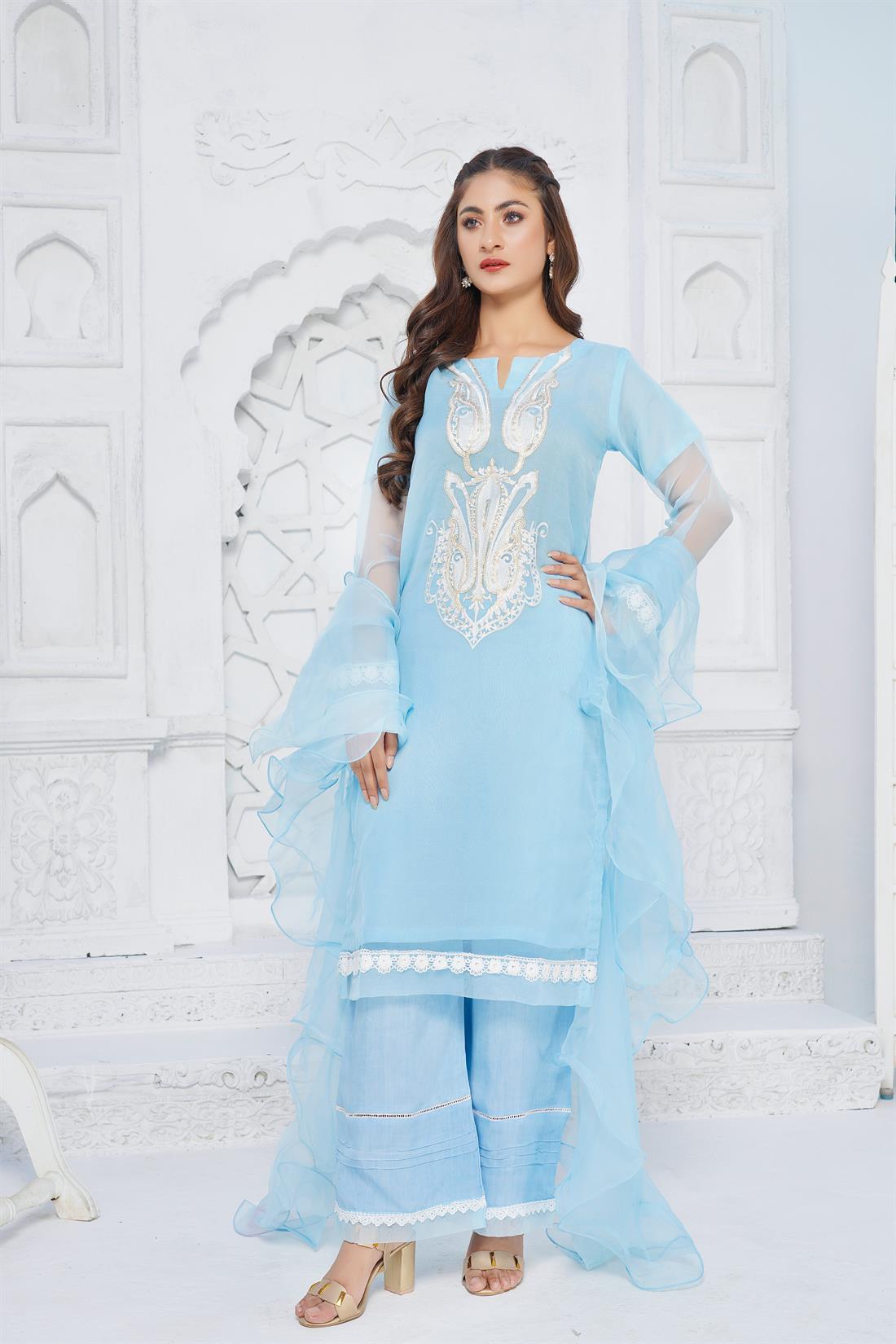 Sky Blue Sequinned Palazzo Organza Salwar Suit with Frill Dupatta