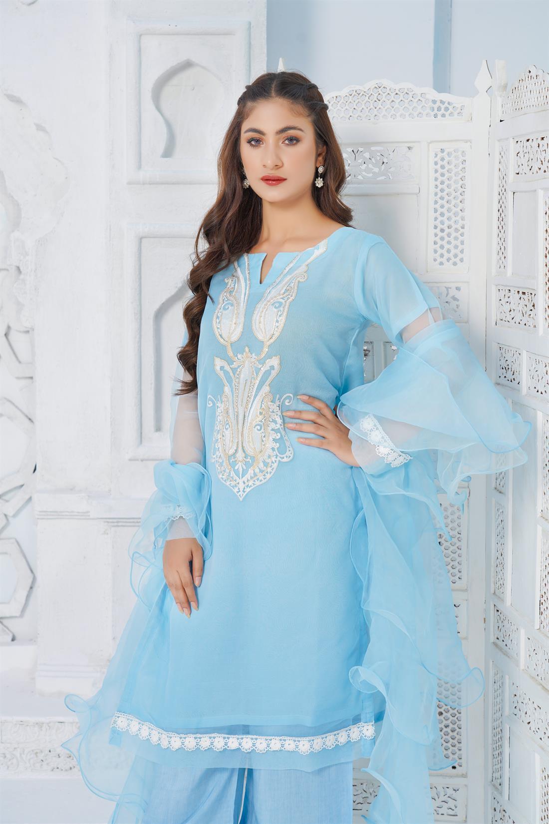 Sky Blue Sequinned Palazzo Organza Salwar Suit with Frill Dupatta