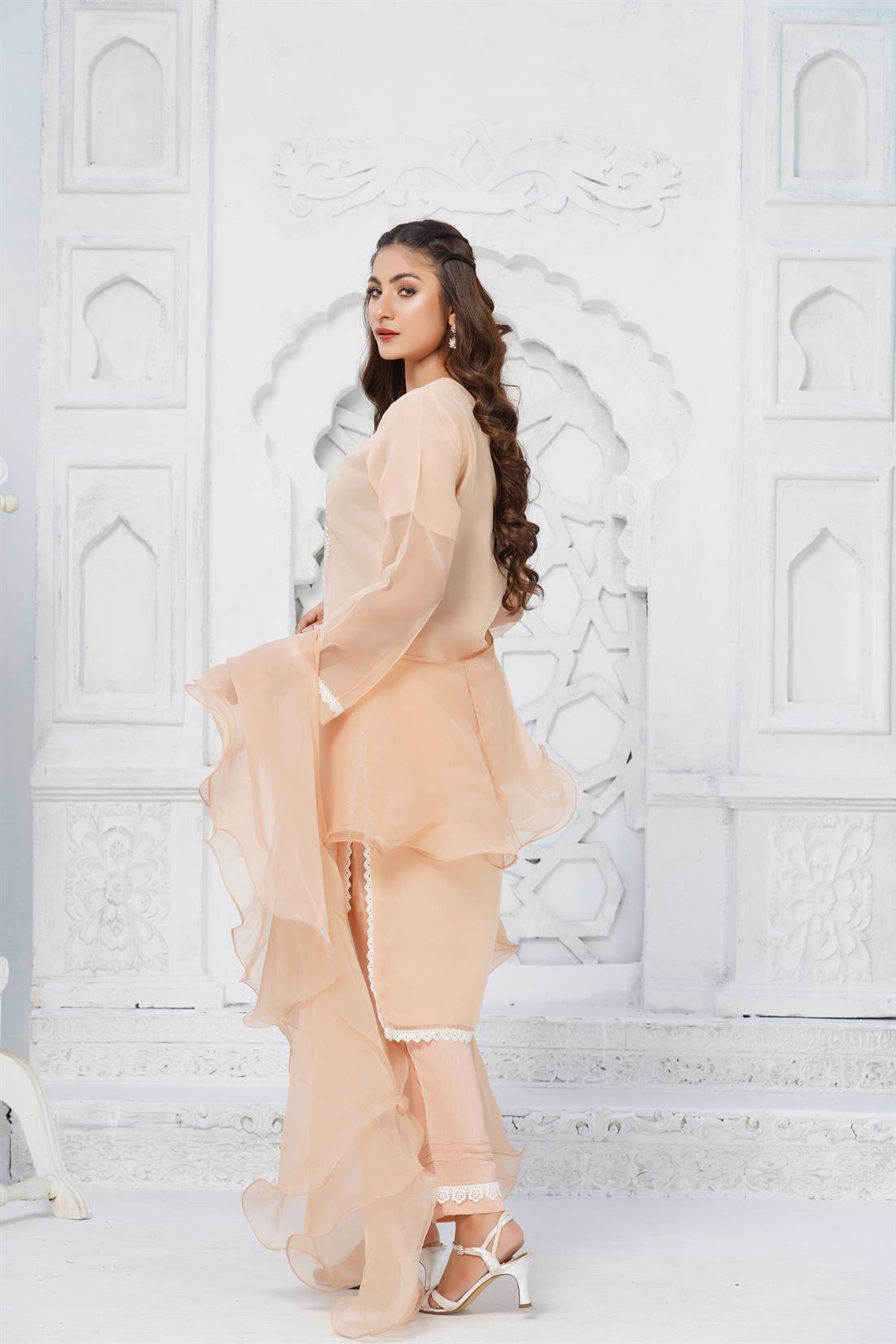 Peach Sequinned Organza Embroidered Salwar Kameez with Dupatta