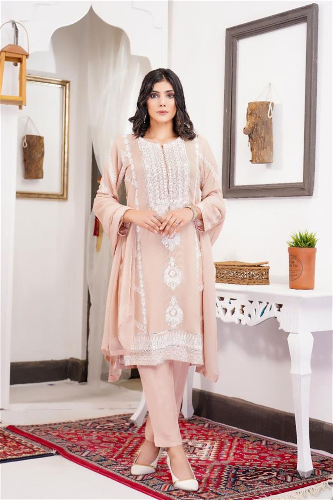 Dusky Pink Embroidered 3 Piece Suite with Heavy Chiffon Dupatta