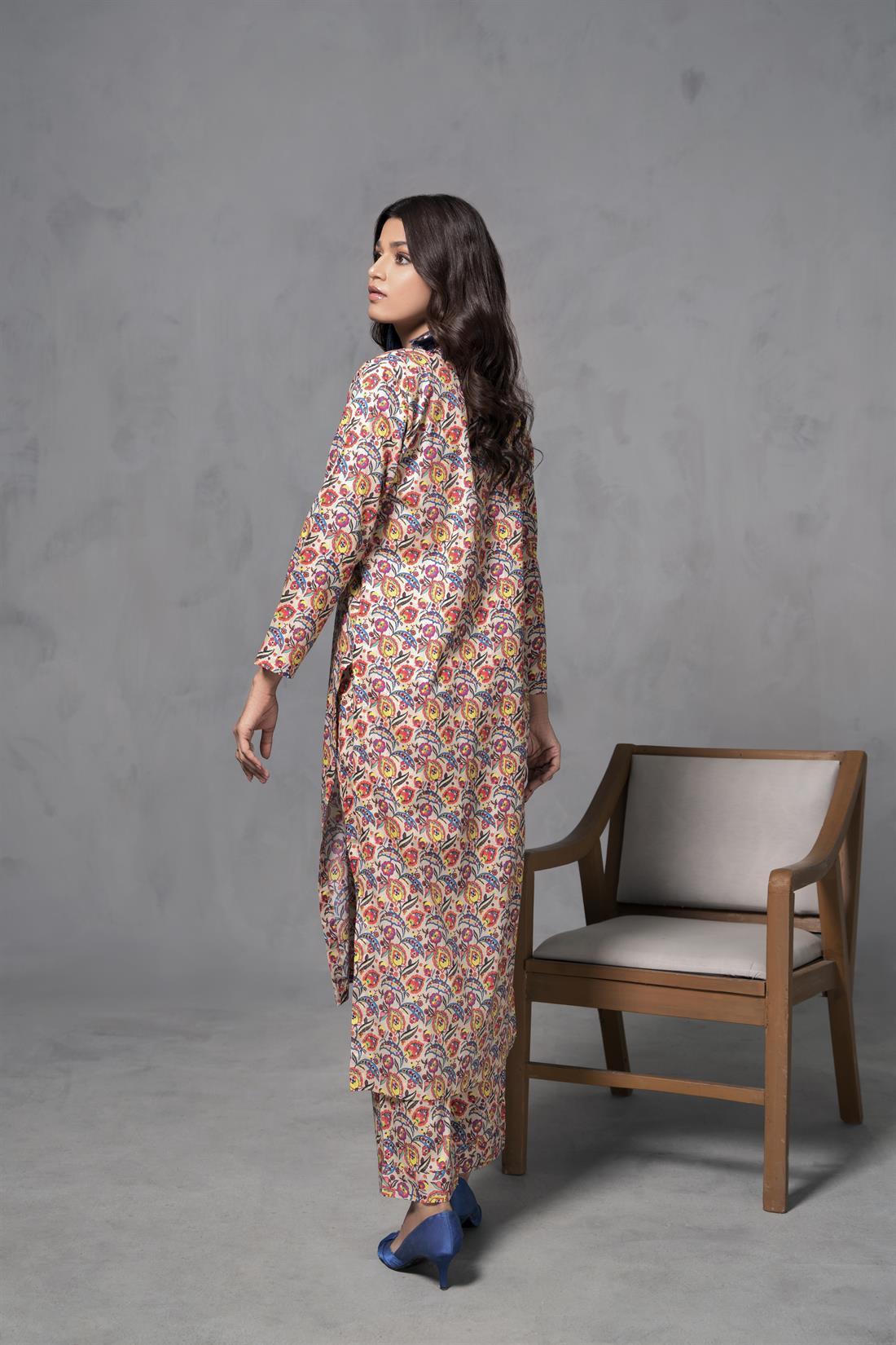 Beige & Multicolour Printed Cotton Ladies 2 Piece Suit