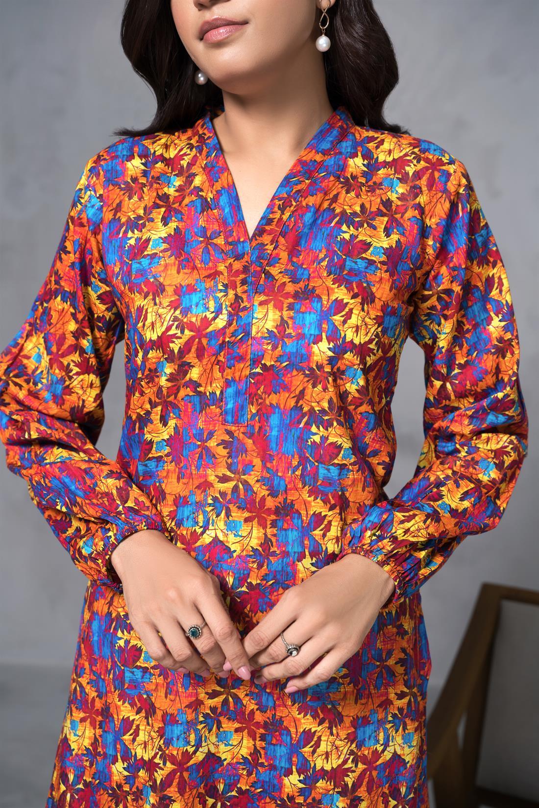 Orange & Multicolour Printed Cotton Ladies 2 Piece Suit