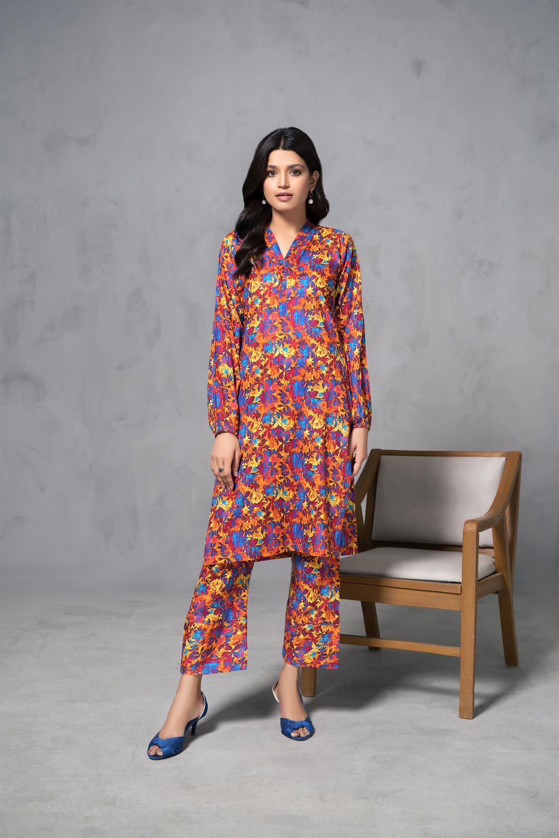 Orange & Multicolour Printed Cotton Ladies 2 Piece Suit