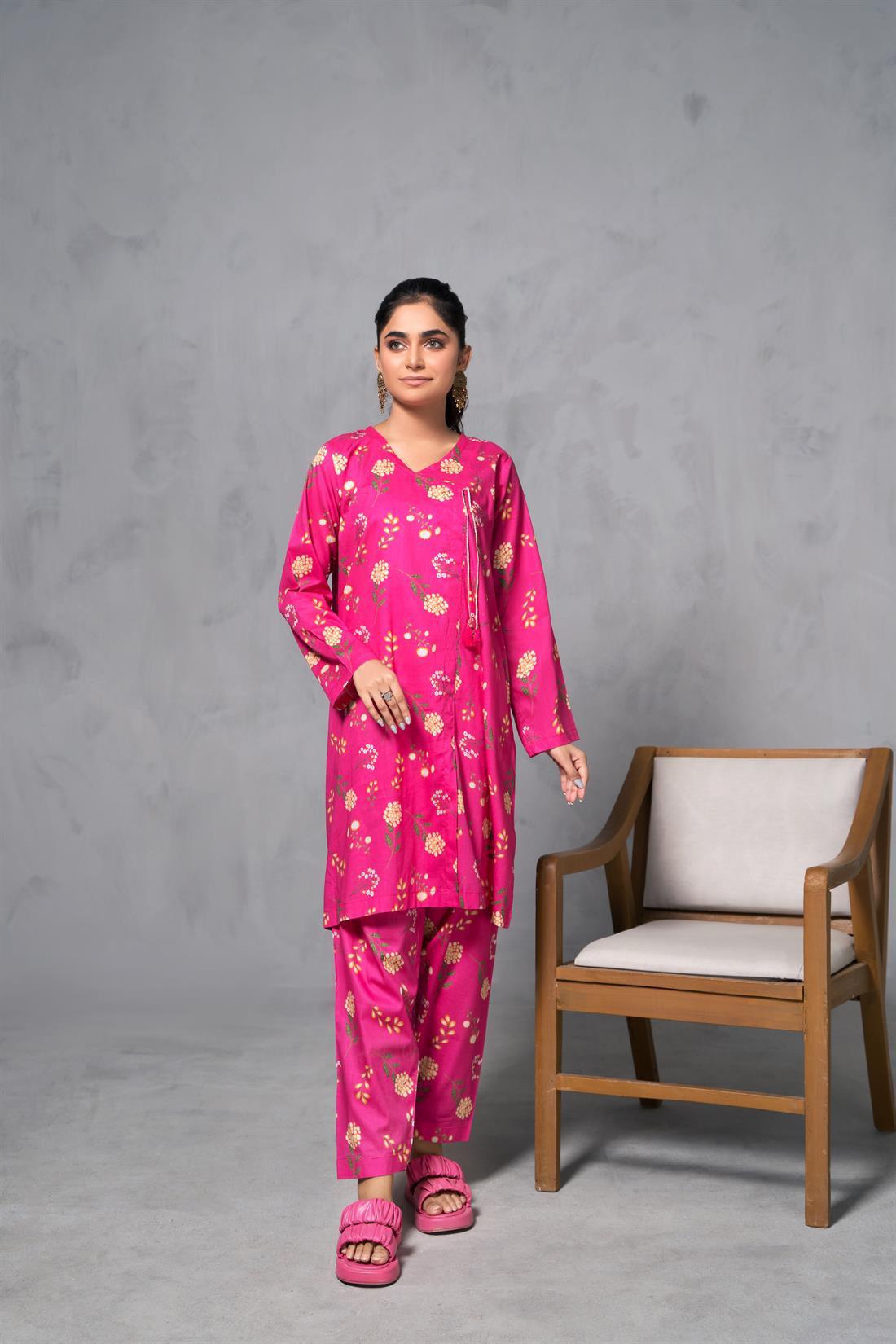 Pink Printed Cotton Ladies 2 Piece Suit