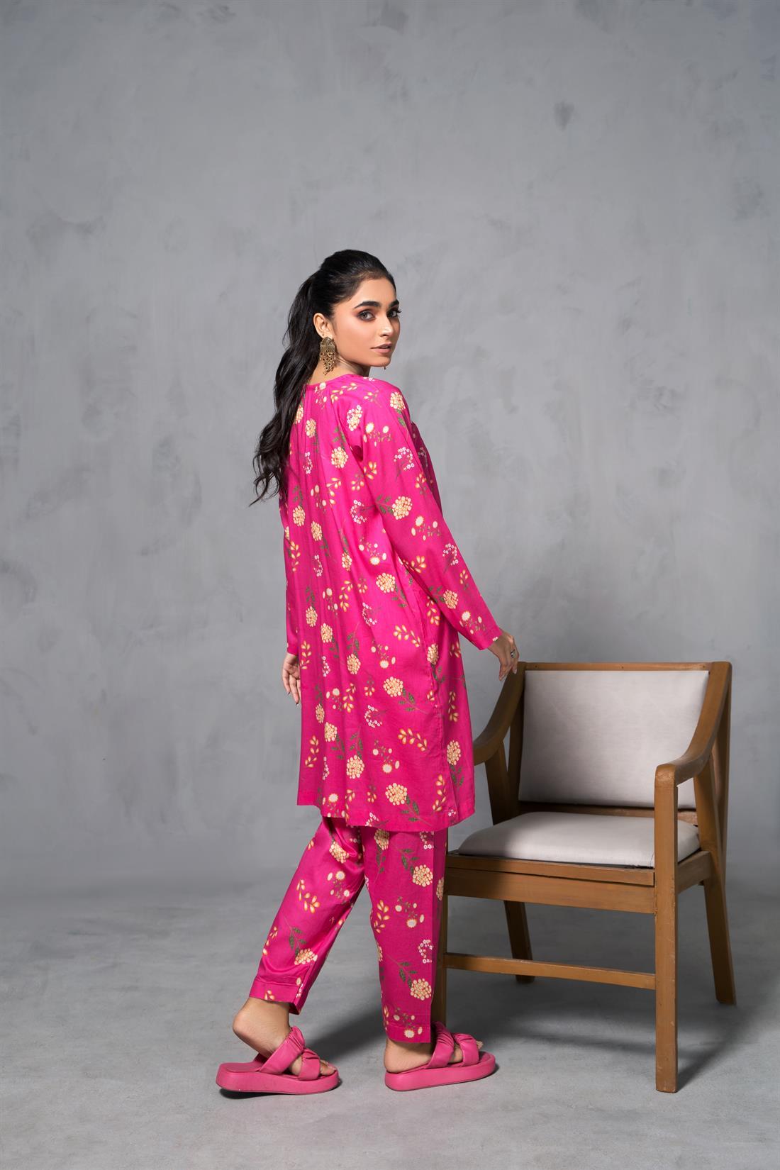 Pink Printed Cotton Ladies 2 Piece Suit