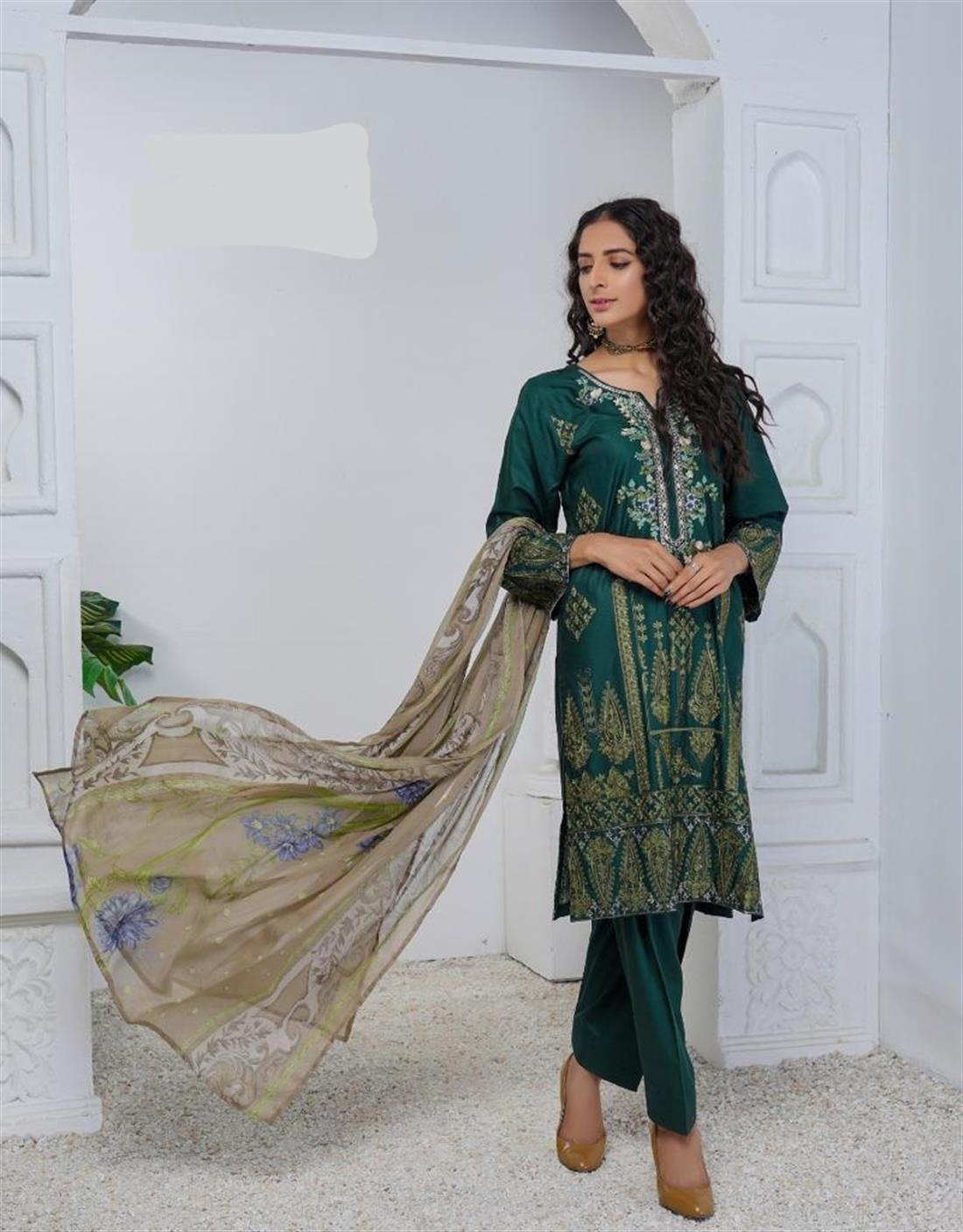 Bottle Green Linen Shirt with Shalwar No Duppata