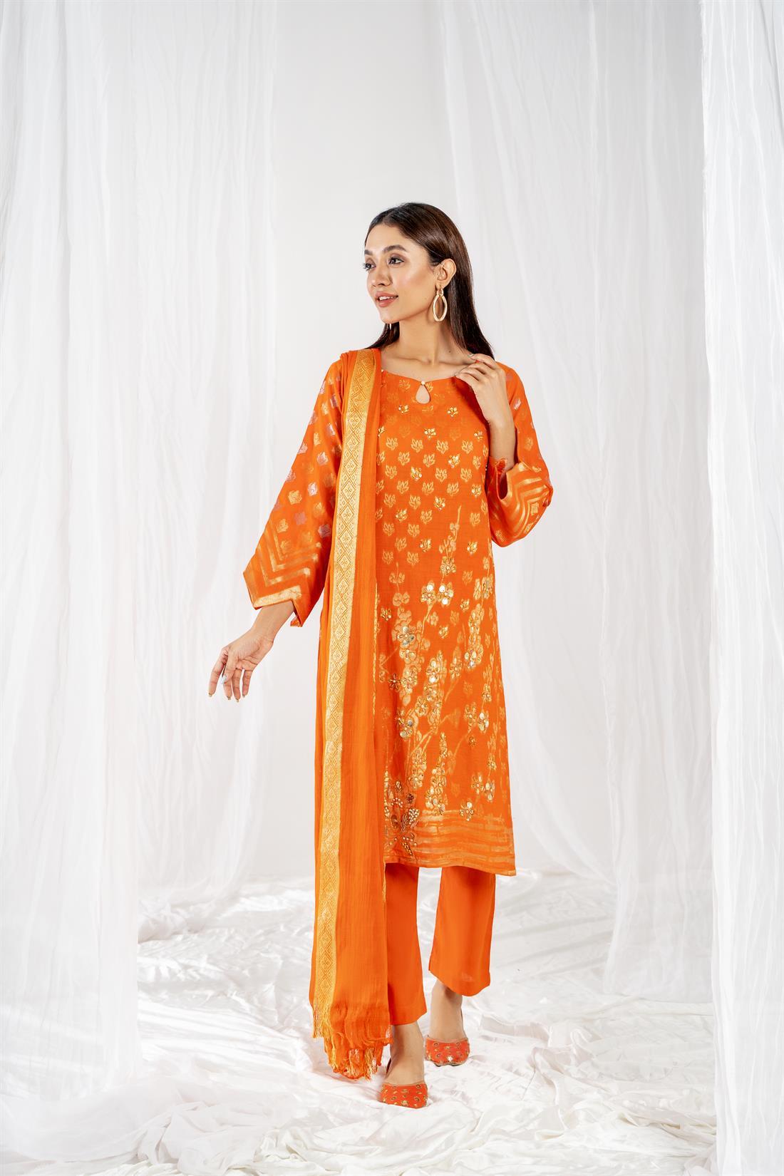 Orange Printed Jacquard Ladies 3 Piece Suit