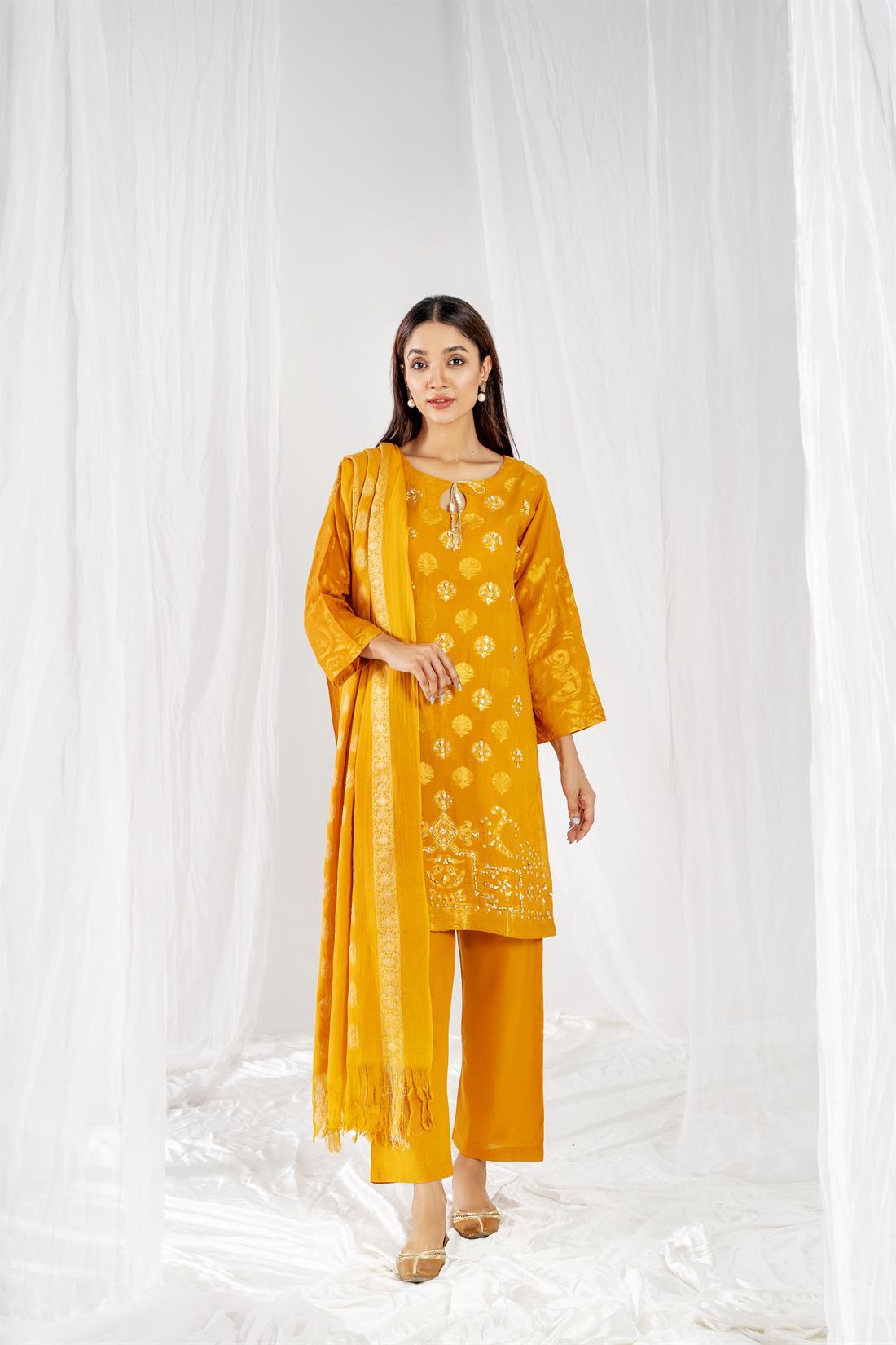 Mustard Printed Jacquard Ladies 3 Piece Suit
