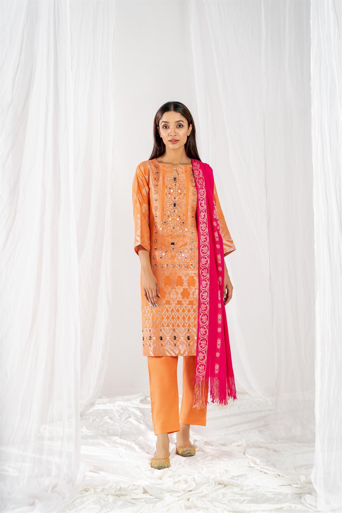 Light Orange Printed Jacquard Ladies 3 Piece Suit