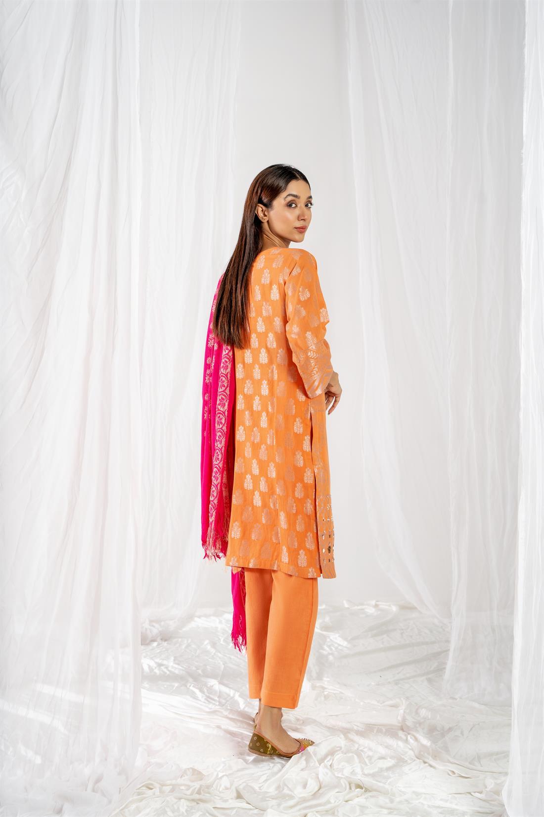 Light Orange Printed Jacquard Ladies 3 Piece Suit